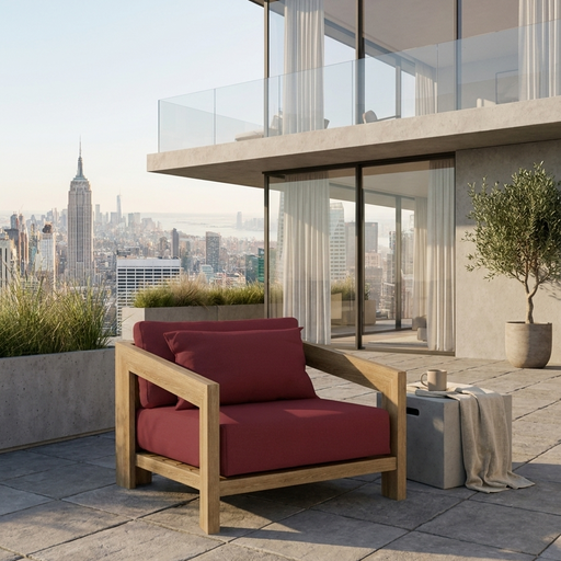 Smyrna teak lounge chair with burgundy cushion on penthouse balcony overlooking the city.  