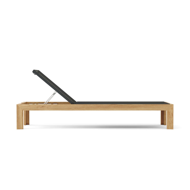 Smyrna teak sun lounger side view with elevated back rest on white background.  