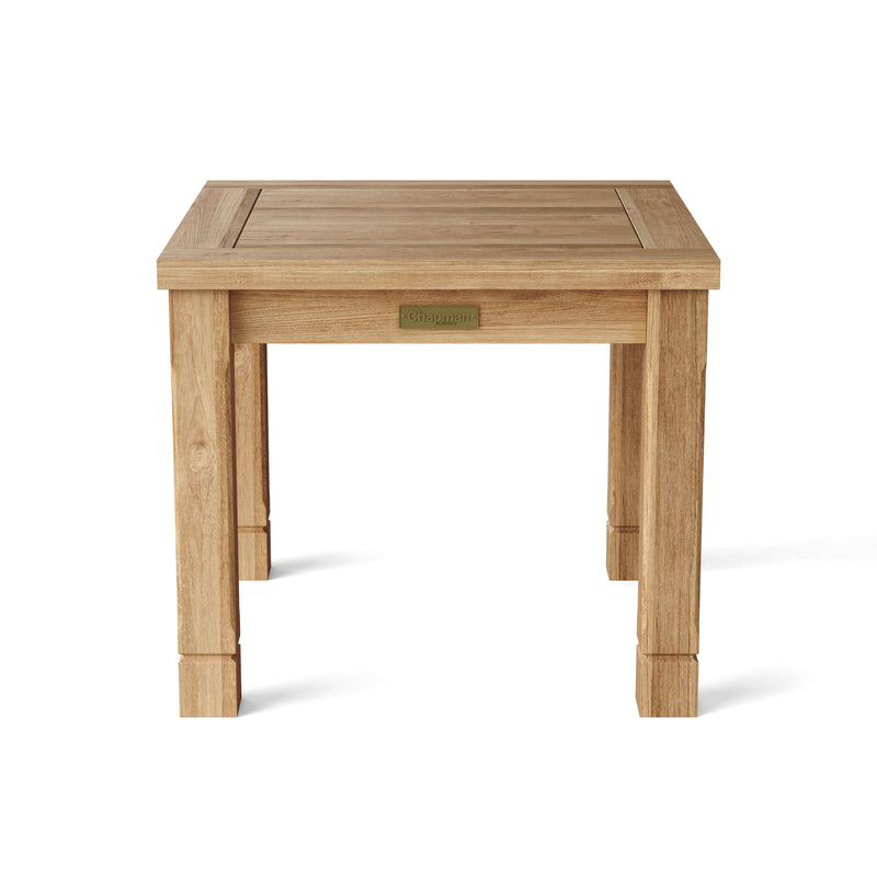 Wooden side table with a brand label on a white background