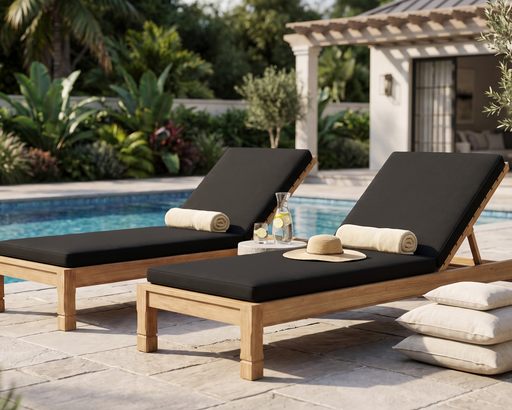 2 teak loungers with black cushions near a  pool

