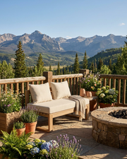 Outdoor patio furniture set on a stone deck overlooking a mountain landscape, featuring a wooden daybed with cream cushions, potted flowers, and a round stone fire pit.