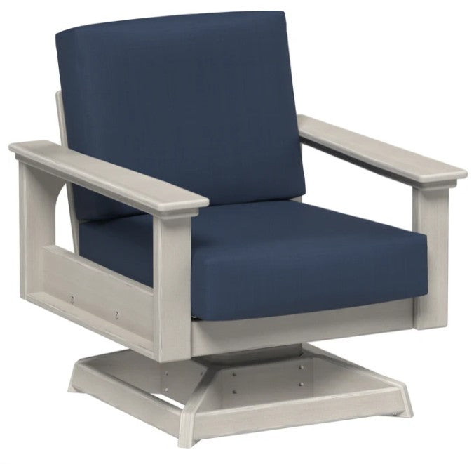 Gray outdoor chair with blue cushion on a white background
