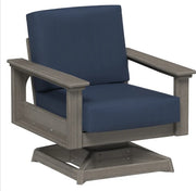 Swivel chair with navy cushions and gray frame on a white background