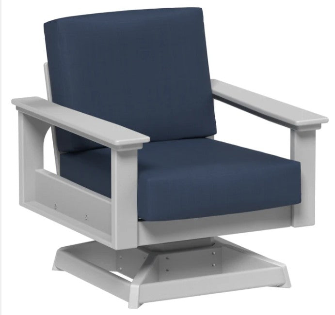 Chair with navy cushions and gray frame on a white background