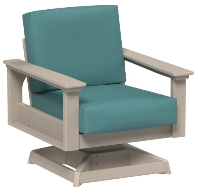 Swivel chair with teal cushions and beige frame on a white background