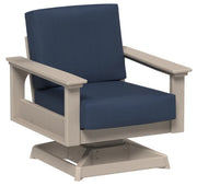 Chair with blue cushions and beige frame on a white background