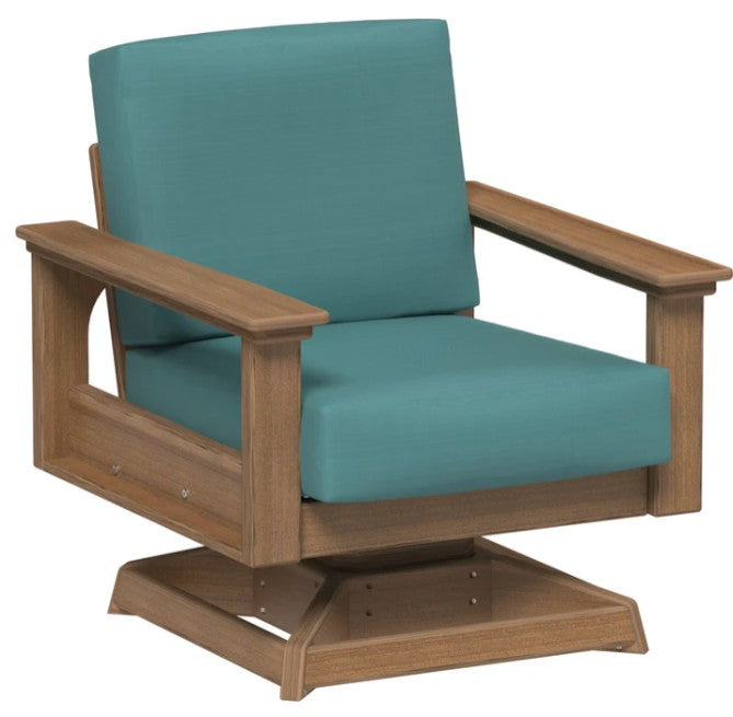 Wooden swivel chair with teal cushions on a white background
