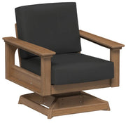 Wooden armchair with black cushions on a white background