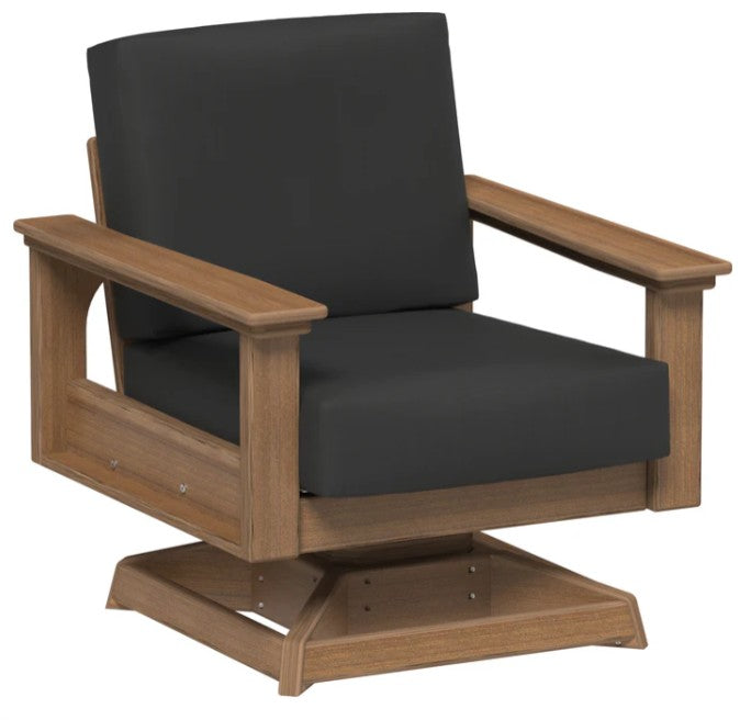 Wooden armchair with black cushions on a white background
