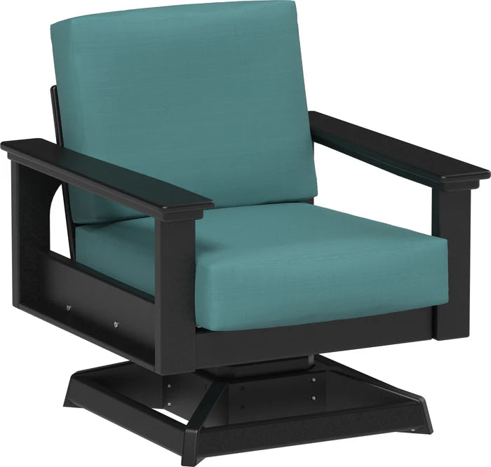 Swivel chair with teal cushion and black frame on a white background