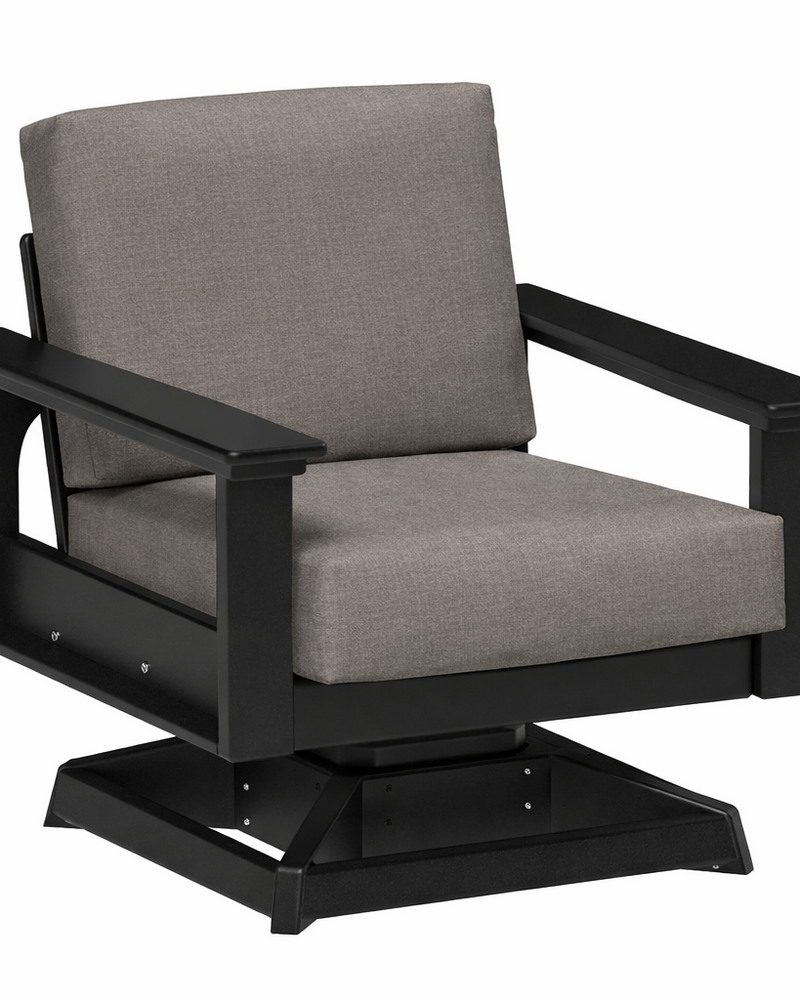 Gray cushioned chair with black frame on a white background
