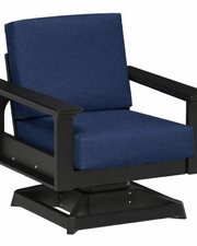 Blue cushioned chair with black frame on a white background