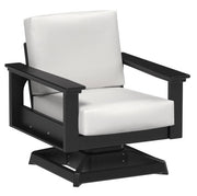 Black swivel chair with white cushions on a white background