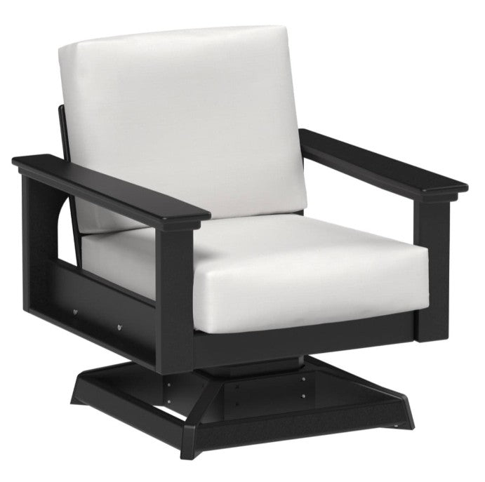Black swivel chair with white cushions on a white background