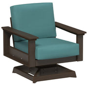 Swivel chair with teal cushion and dark brown frame on a white background