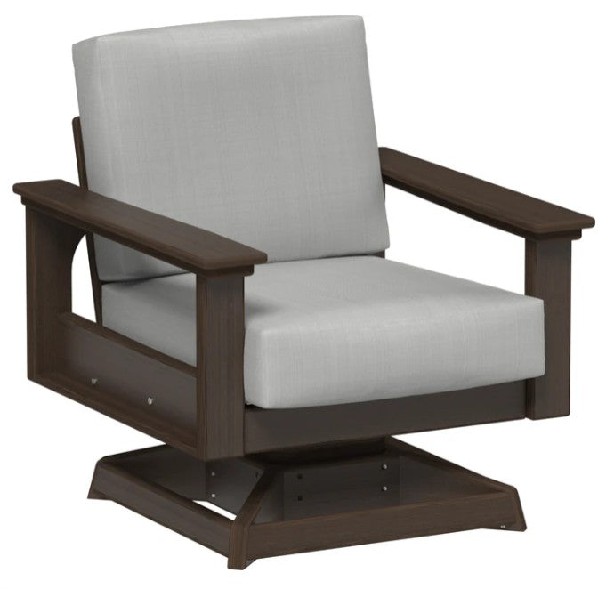 Chair with brown frame and gray cushions on a white background