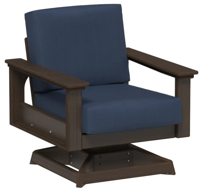 Chair with blue cushions and brown wooden frame on a white background
