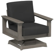 Gray swivel chair with black cushions on a white background
