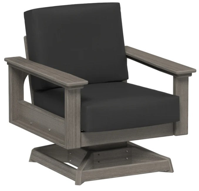 Gray swivel chair with black cushions on a white background
