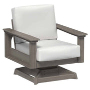 Swivel chair with white cushion and wooden frame on a white background