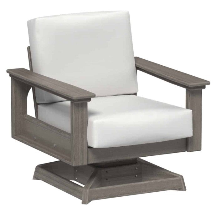 Swivel chair with white cushion and wooden frame on a white background