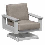 Gray swivel chair with beige cushions on a white background
