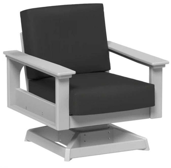 Gray outdoor chair with black cushion on a white background