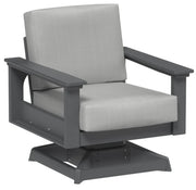 Gray swivel chair with light gray cushions on a white background