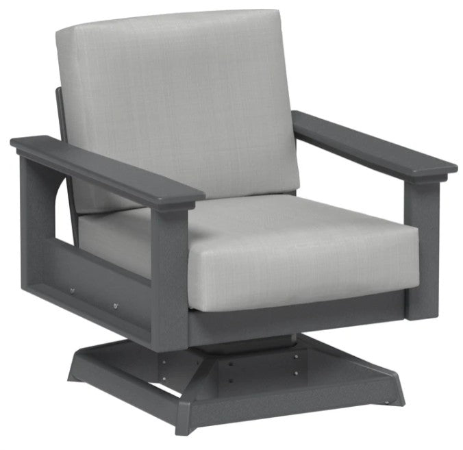 Gray swivel chair with light gray cushions on a white background