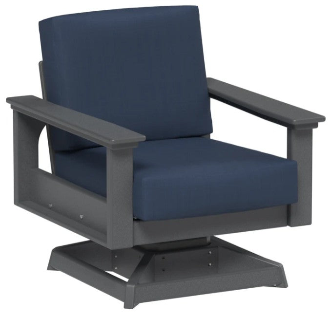 Swivel chair with navy cushions and gray frame on a white background