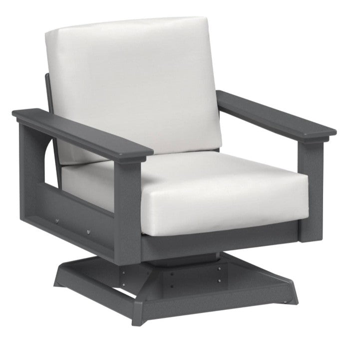 Gray outdoor chair with white cushions on a white background