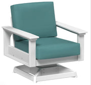 Swivel chair with teal cushions and white frame on a white background