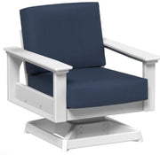White chair with navy cushions on a white background