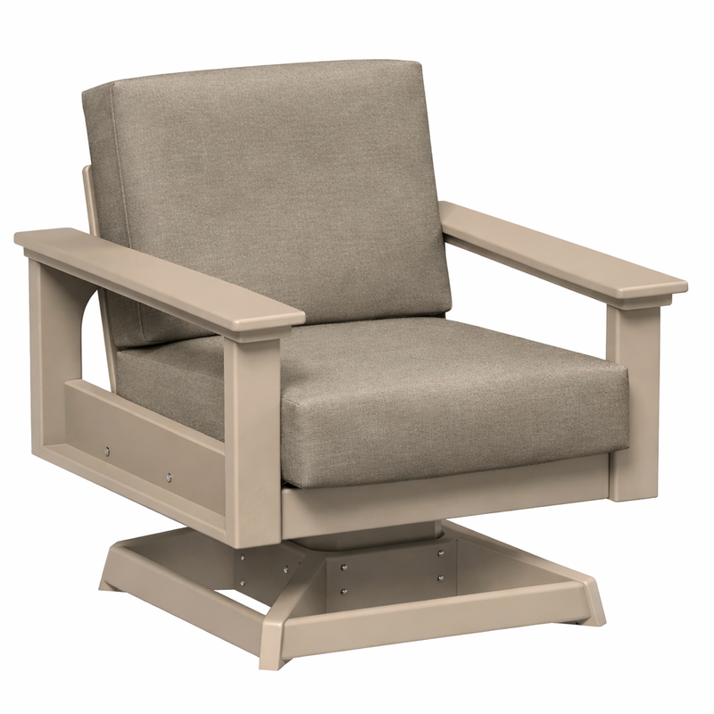 Beige outdoor swivel chair with cushioned seat and backrest on a white background