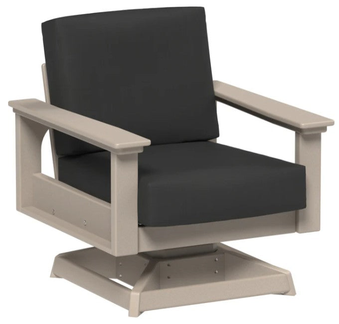 Chair with black cushions and beige frame on a white background