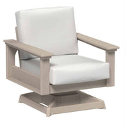 Beige outdoor chair with white cushions on a white background