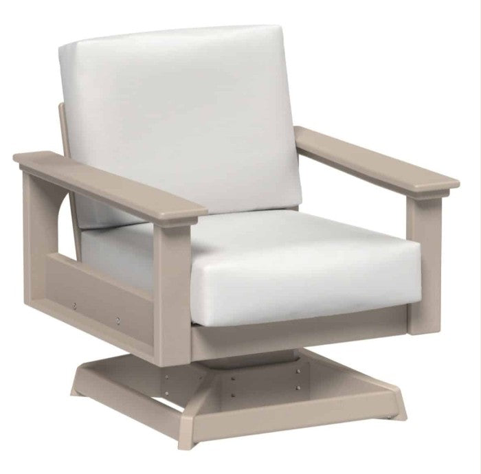 Beige outdoor chair with white cushions on a white background