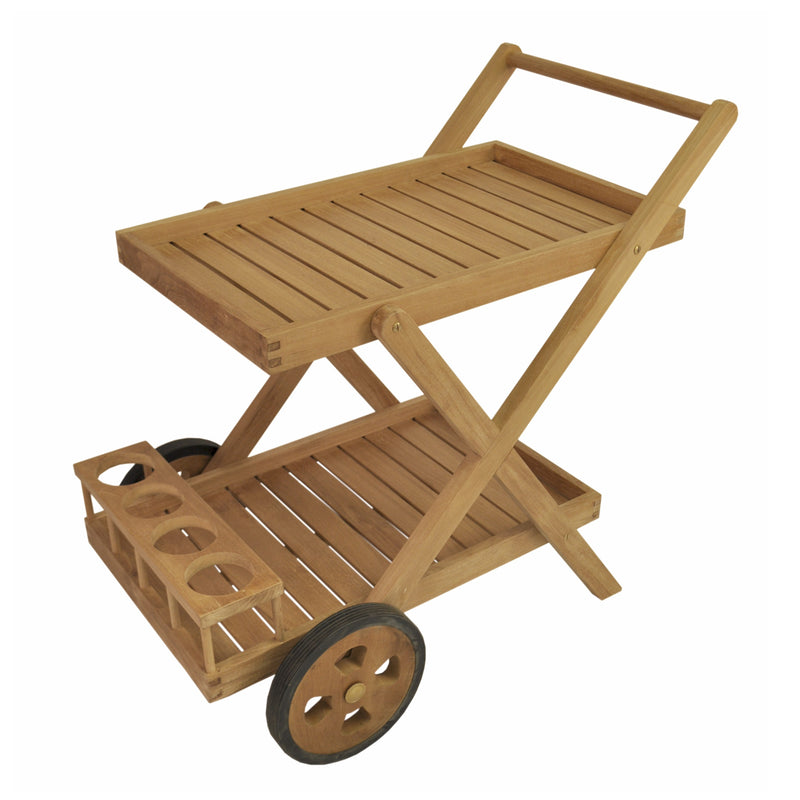Wooden serving cart with wheels on a white background