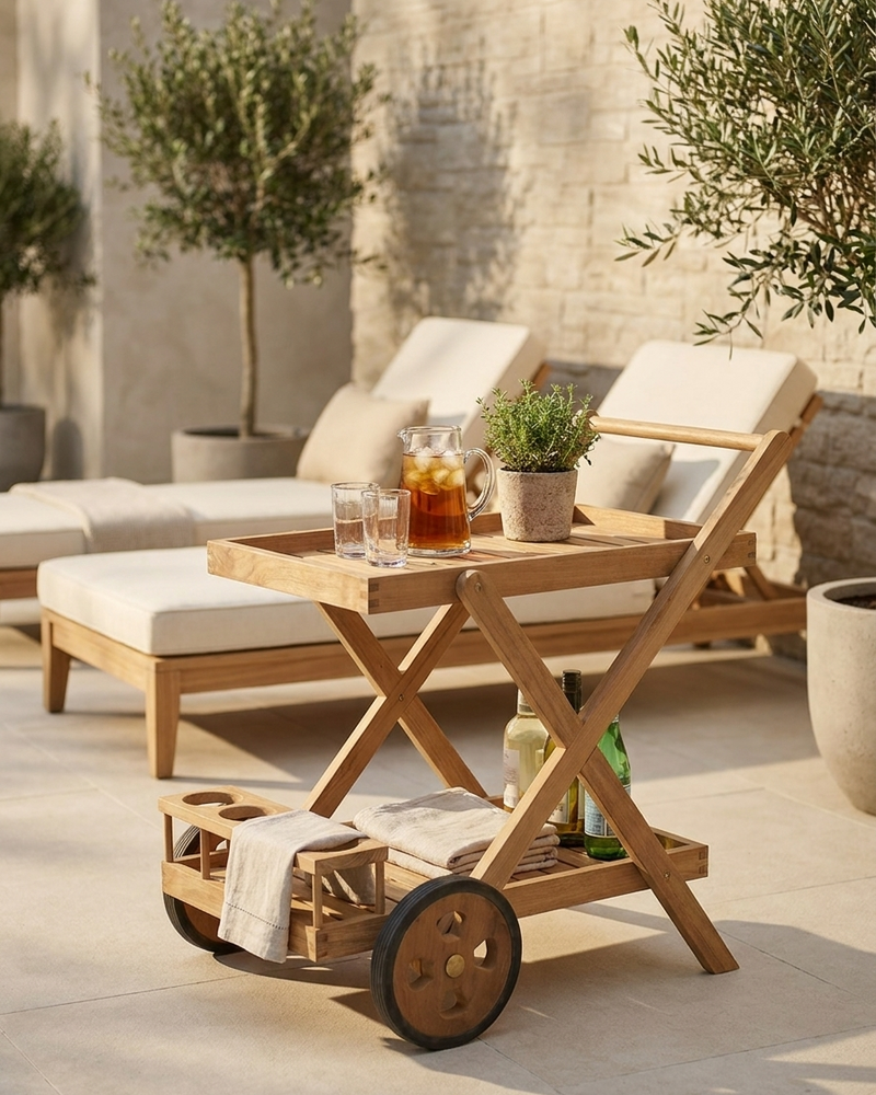 A wooden folding serving cart with wheels in an outdoor patio setting, styled with a tray holding glasses and a pitcher, with folded towels on the lower shelf.