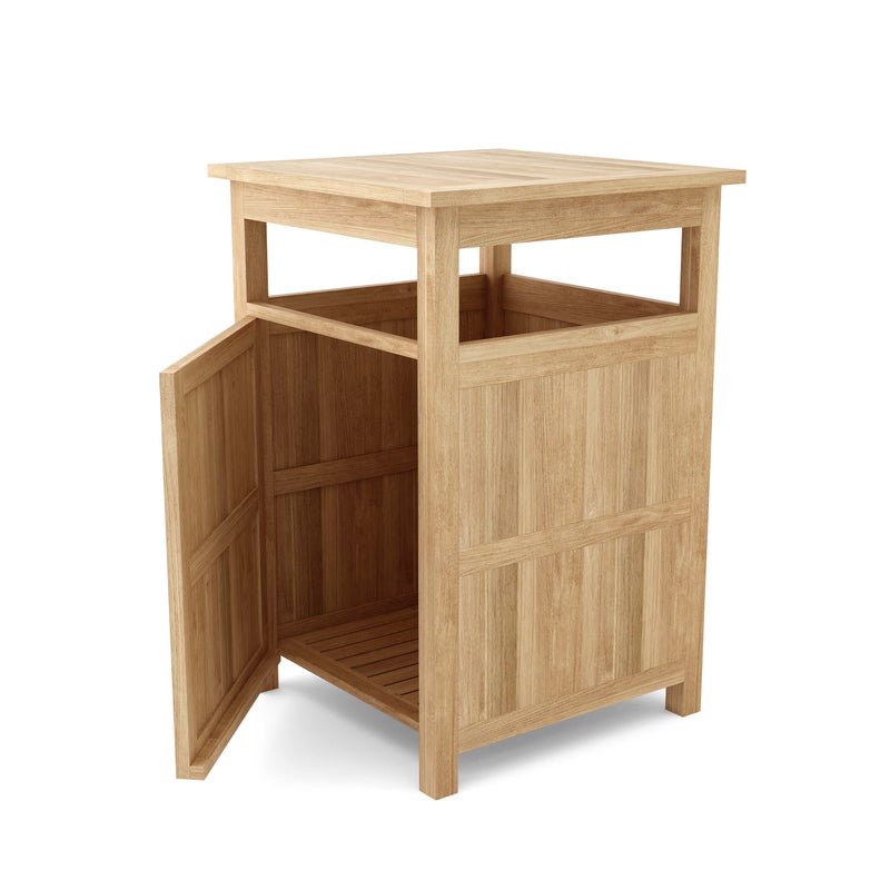 Wooden cabinet with open door on a white background