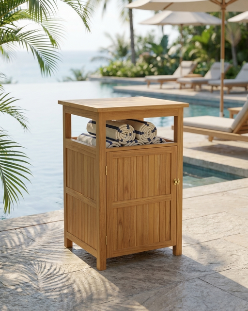 A light brown wooden outdoor storage cabinet with a small door and open upper shelf, styled on a stone patio beside a swimming pool with beach umbrellas and palm leaves in the background.