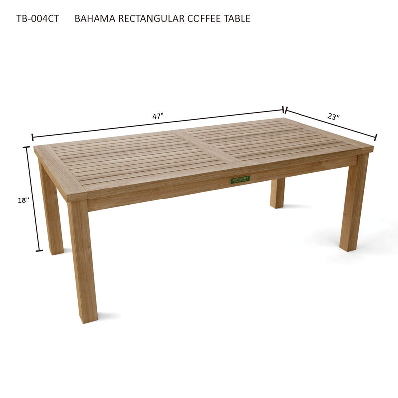 Anderson Teak Bahama rectangular coffee table with dimensions on a white background.  
