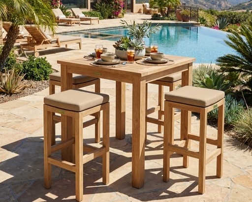 Anderson Teak 35" square bistro table with 4 stools positioned near a pool with can yon views.  