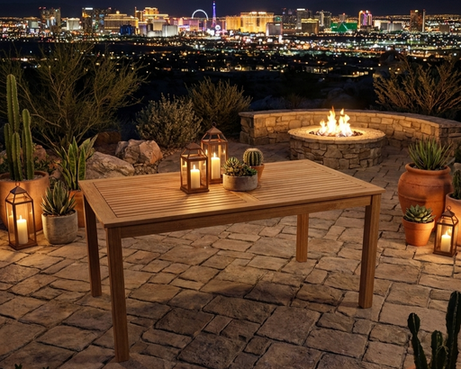 Anderson Teak Bahama 65" Dining Table on a stone patio with views of  Las Vegas in the distance.  