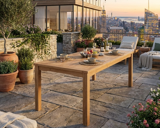 Anderson Teak 70" rectangular dining table on a stone patio overlooking a city scape.  