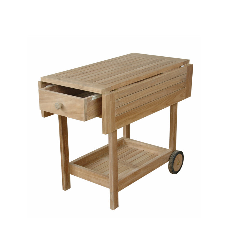 Wooden outdoor cart with a drawer and wheels on a white background