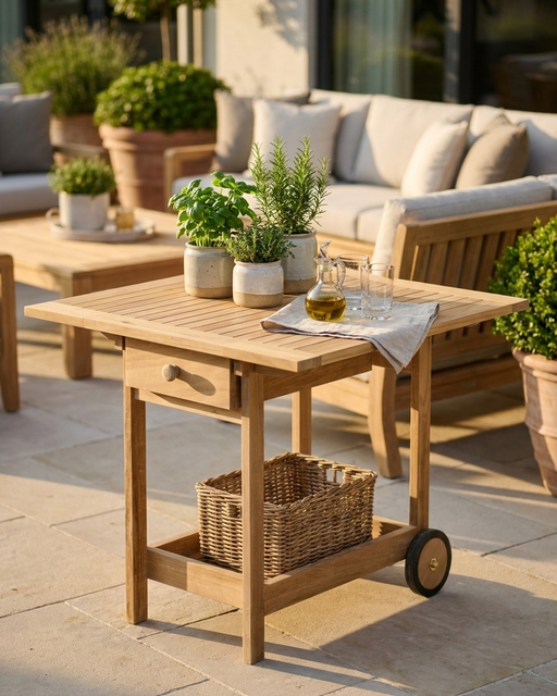 A light natural wood patio utility table with a single drawer, open lower shelf, and caster wheels, styled on a stone patio with potted plants and outdoor seating in the background.