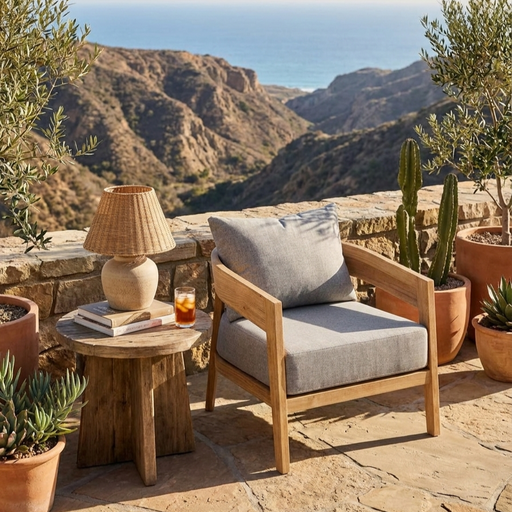 Toscana lounge chair o n a stone patio overlooking canyon views and the ocean.  