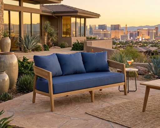 Toscana teak sofa on stone patio overlooking the Vegas Strip.