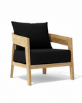 Toscana teak lounge chair with black cushion on white background.  